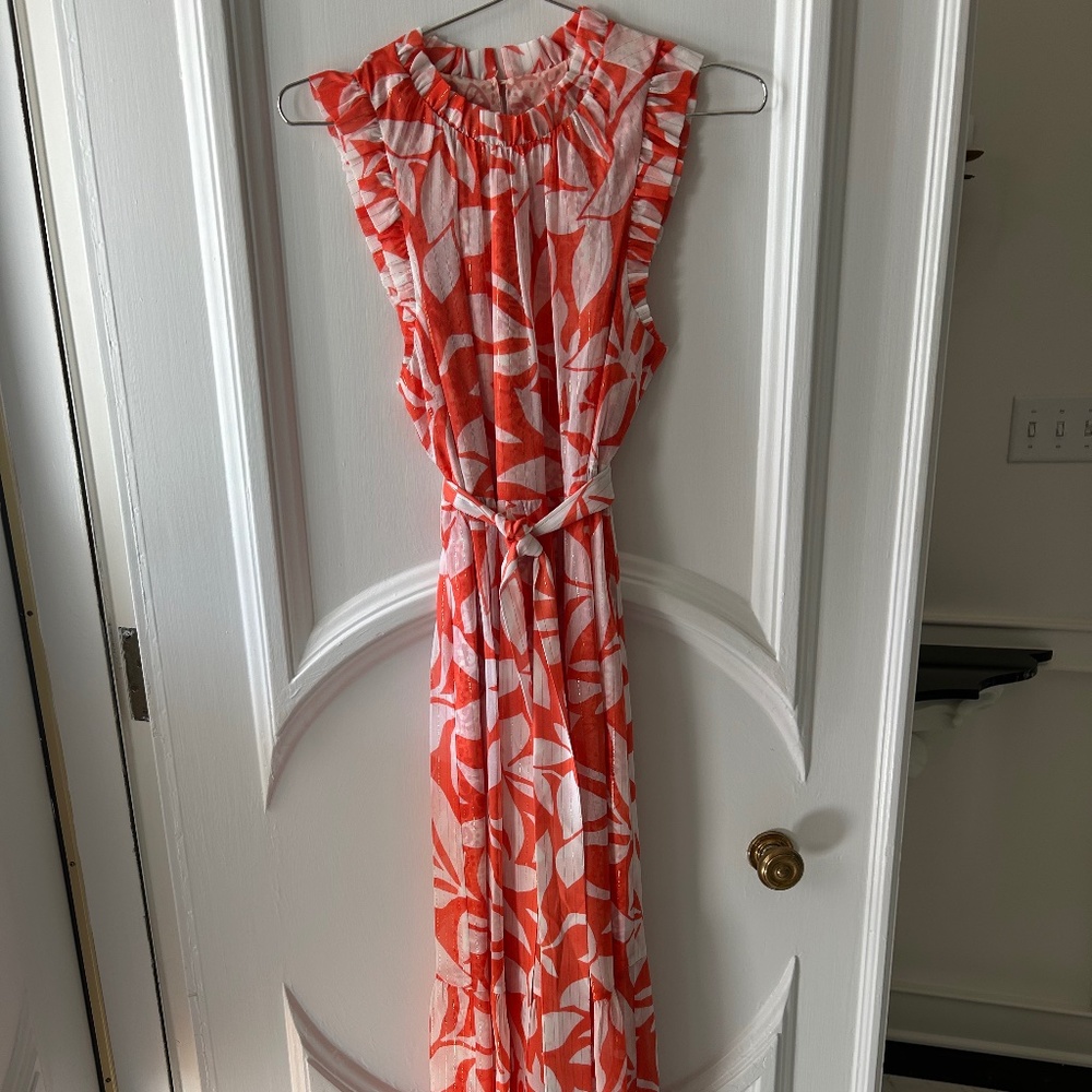 Marie Oliver Maxi Dress, Size XS  Orange and White with Metallic accents